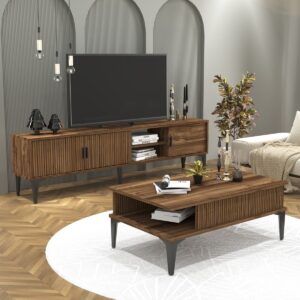 Cool Home Marin Tv Ünitesi 180 cm - Orta Sehpa Seti Çizgi Desenli , Raflı , Ceviz (Sandık)